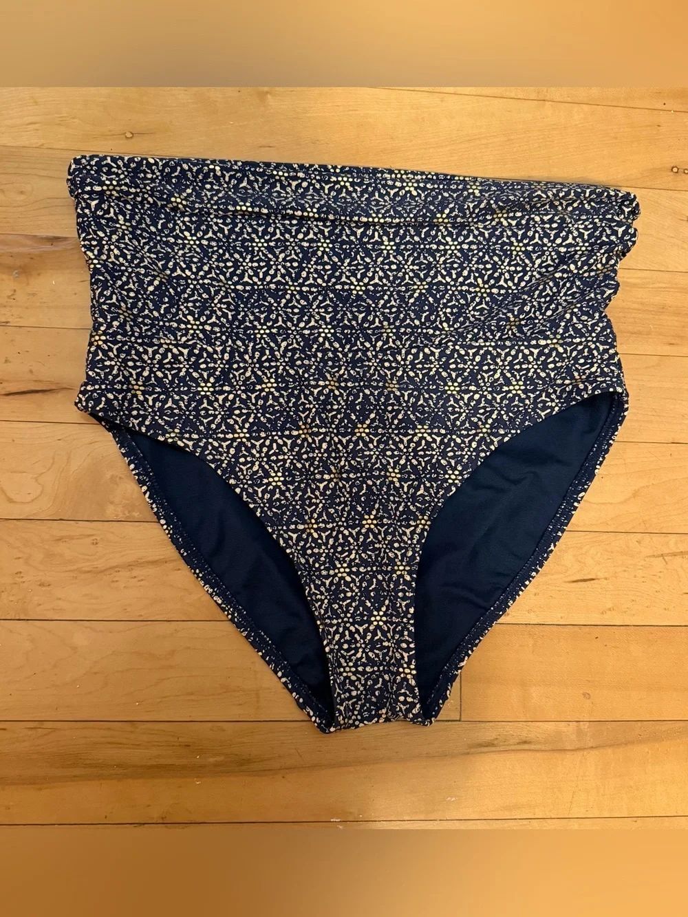 Bond Eye Australia High-Waisted Swim Bottoms in Navy Gold Foil Print Size 4
